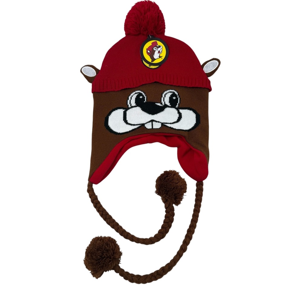 Buc-ee's Beaver Face Adult‎ Knit Hat Beanie Earflap Pom Red Brown PL3381AD NEW